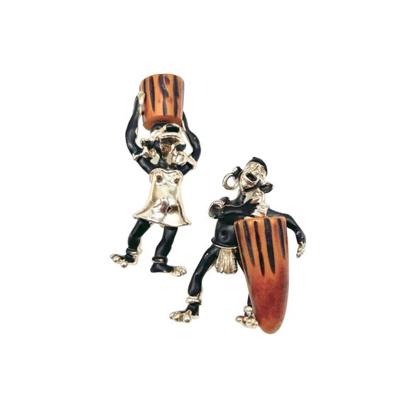Vintage African Drummers Pins Set Of 2 Charles F. Worth Bakelite Instruments - Picture 1 of 6